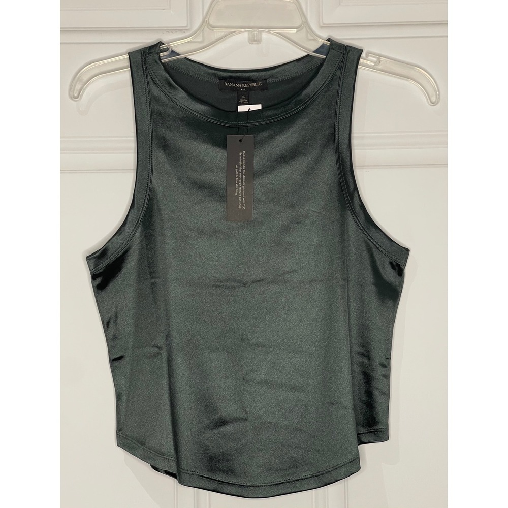 Banana Republic Women's Small Satin Tank Top Dark Green Sleeveless Crew Neck NWT